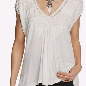 NWT Free People Abigail Lace Detail V-Neck Tee XS